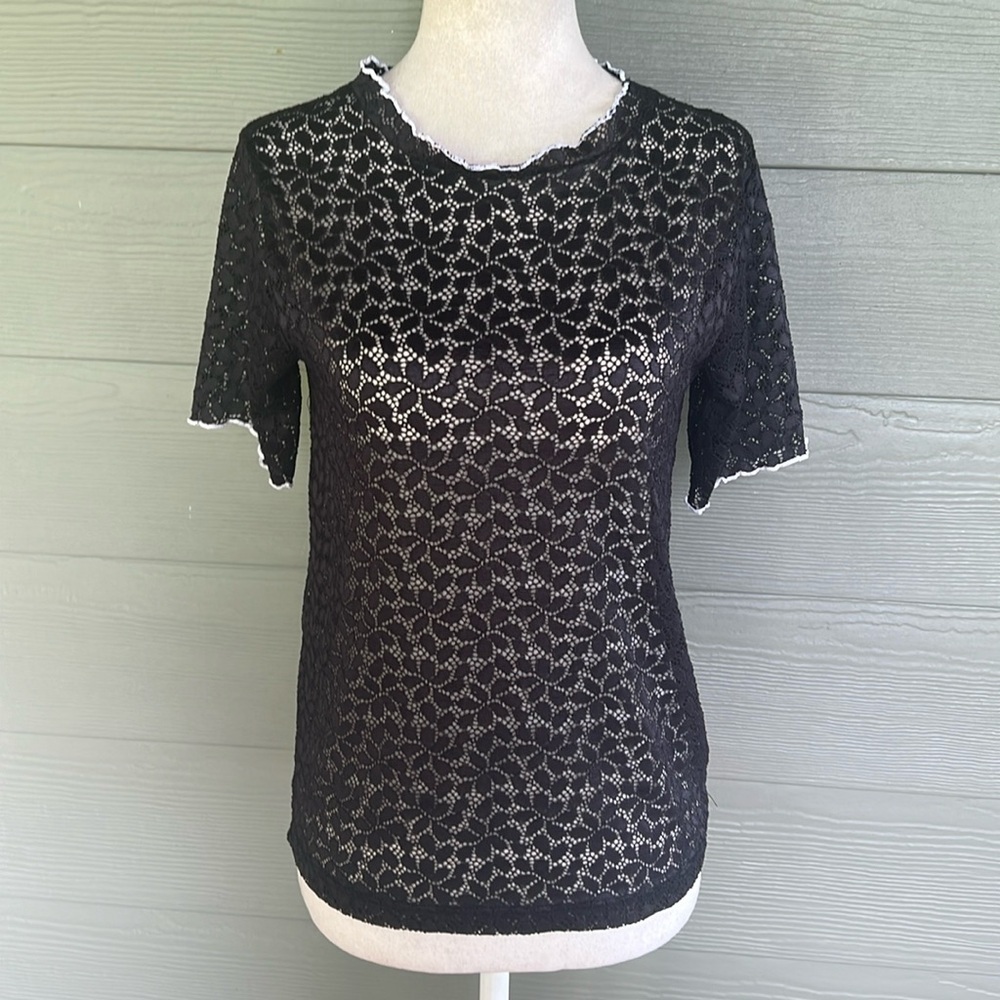 Zara Trafaluc Sheer Lace Short Sleeve Top